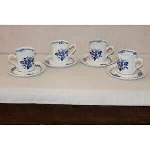 Vintage Meakin Dresden Blue Flat Cups and Saucers - Set of 4